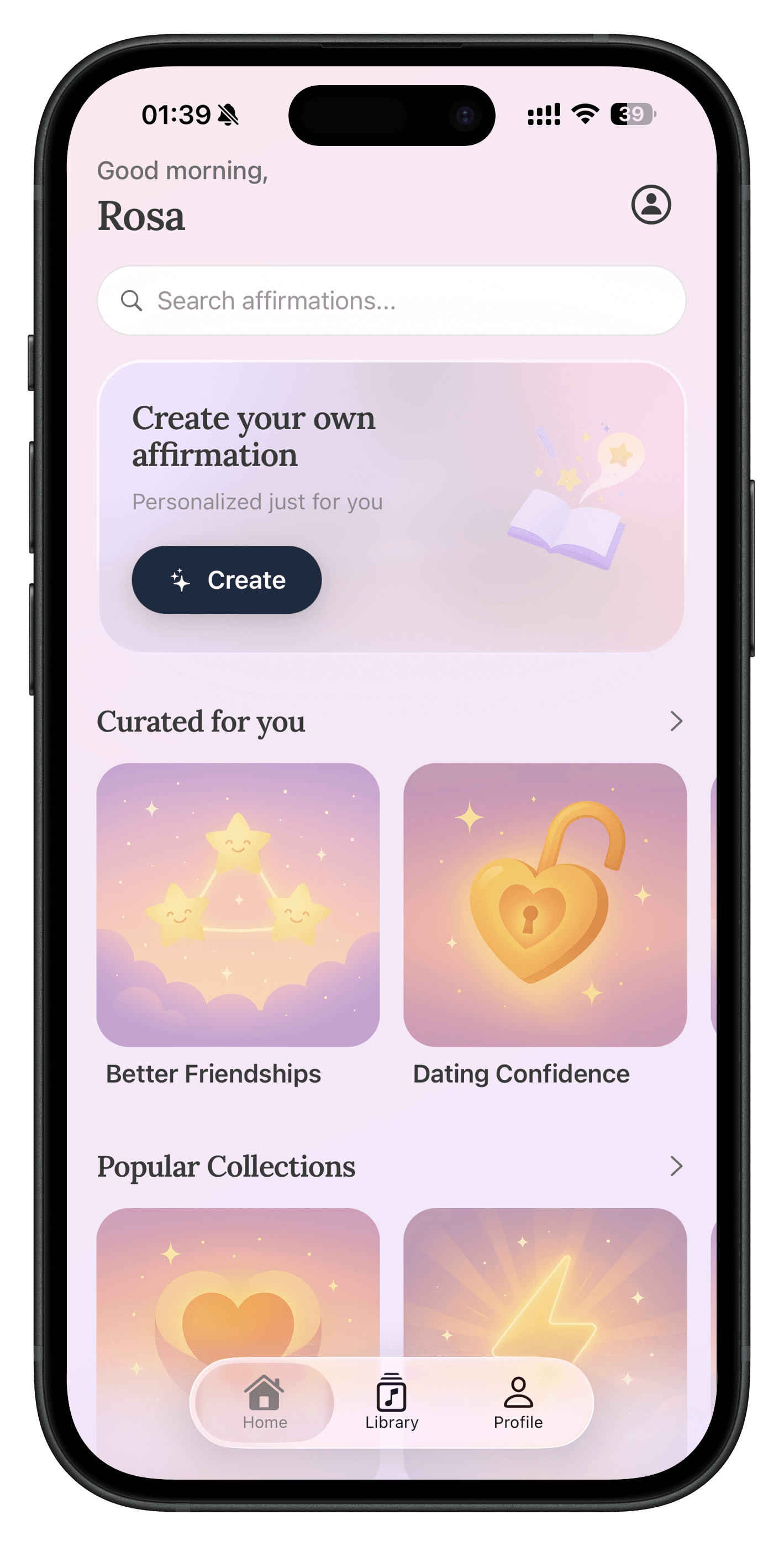 Affina home screen showing personalized greeting
